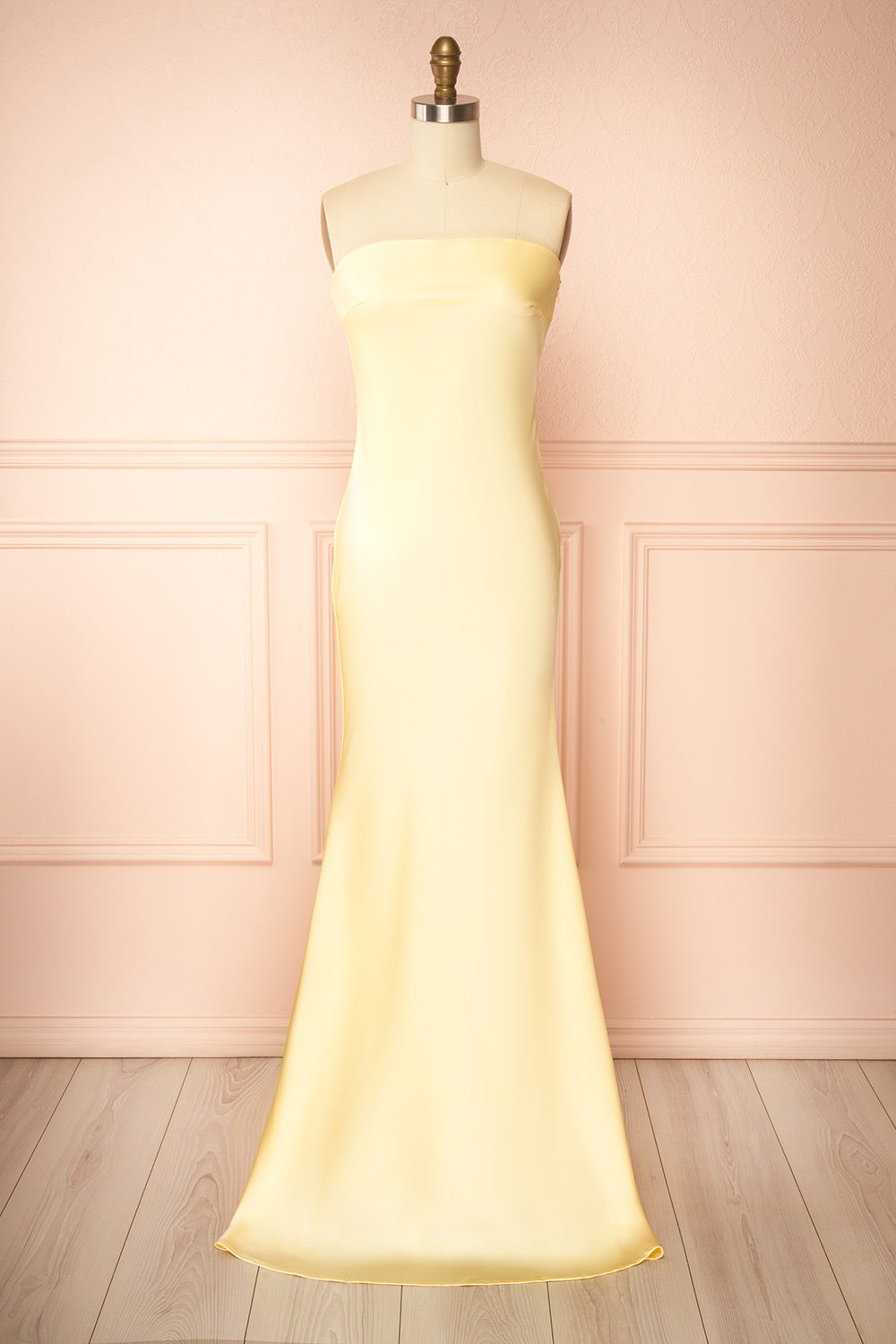 Cathleen Light Yellow Fitted Strapless Satin Maxi Dress | Boutique 1861 front view