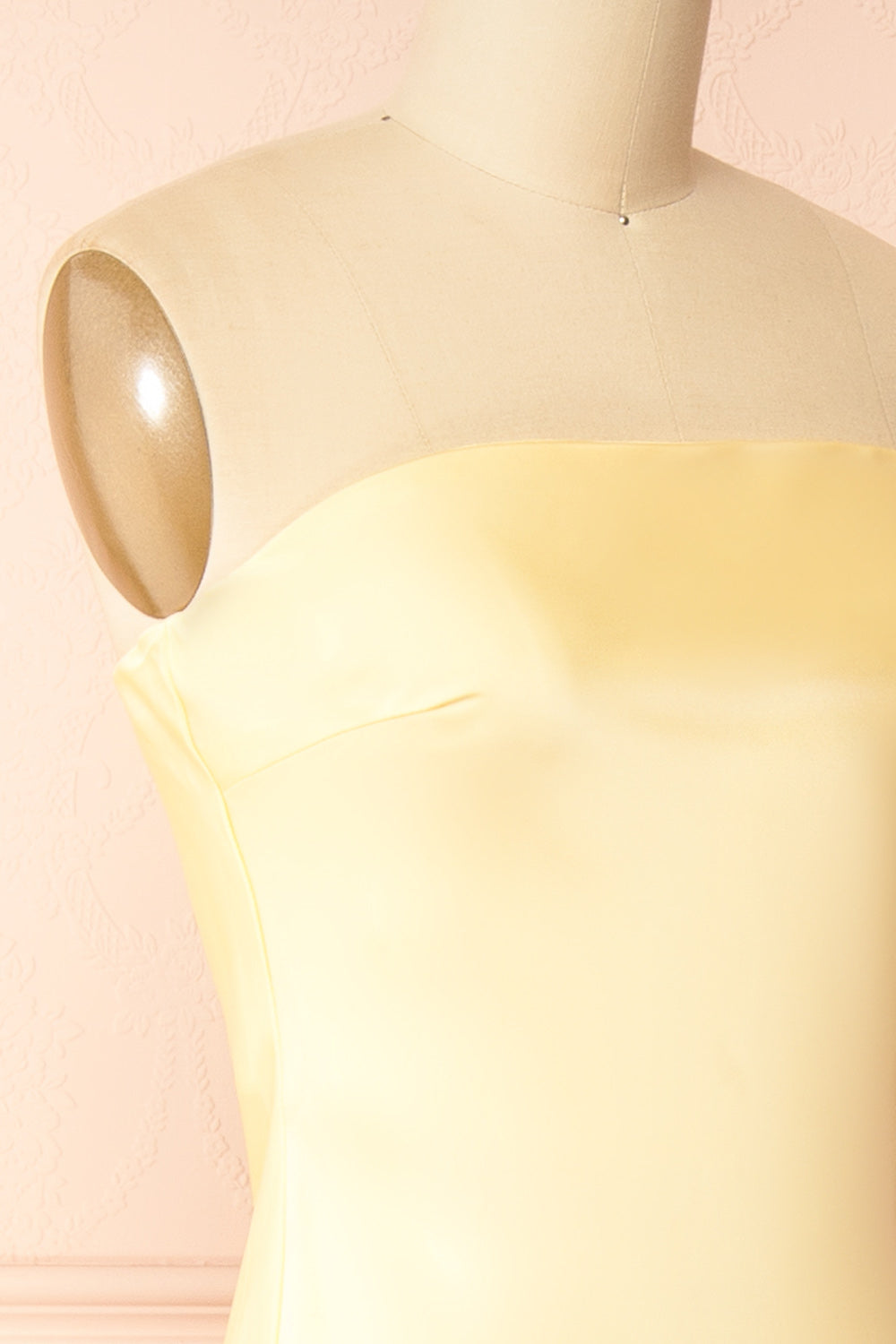 Cathleen Light Yellow Fitted Strapless Satin Maxi Dress | Boutique 1861 side