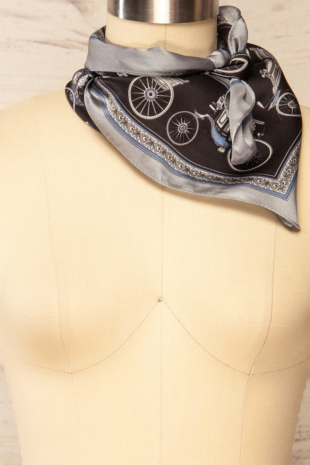 Cavalia Black Scarf w/ Horse Carriage Print | La petite garçonne side close-up