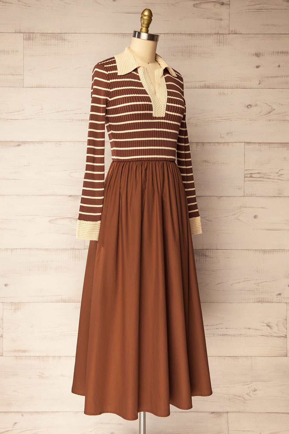 Cayce Long Brown Striped Knit Dress with Crochet Details | La petite garçonne side view