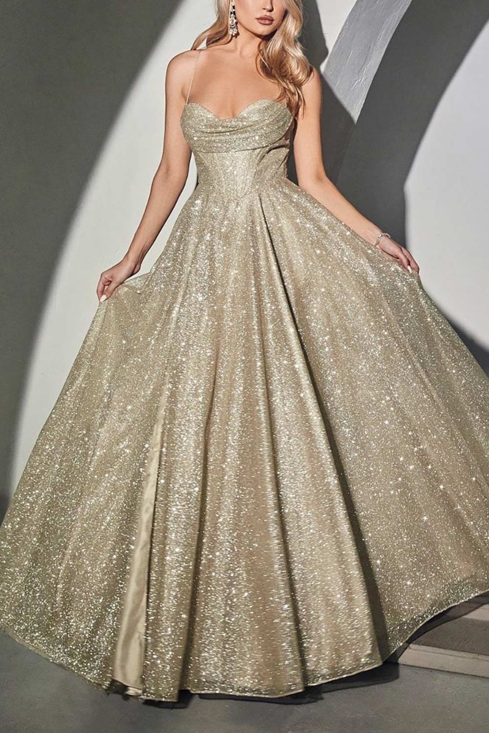 Lexy Champagne Sparkly Cowl Neck Maxi Dress | Boutique 1861 model