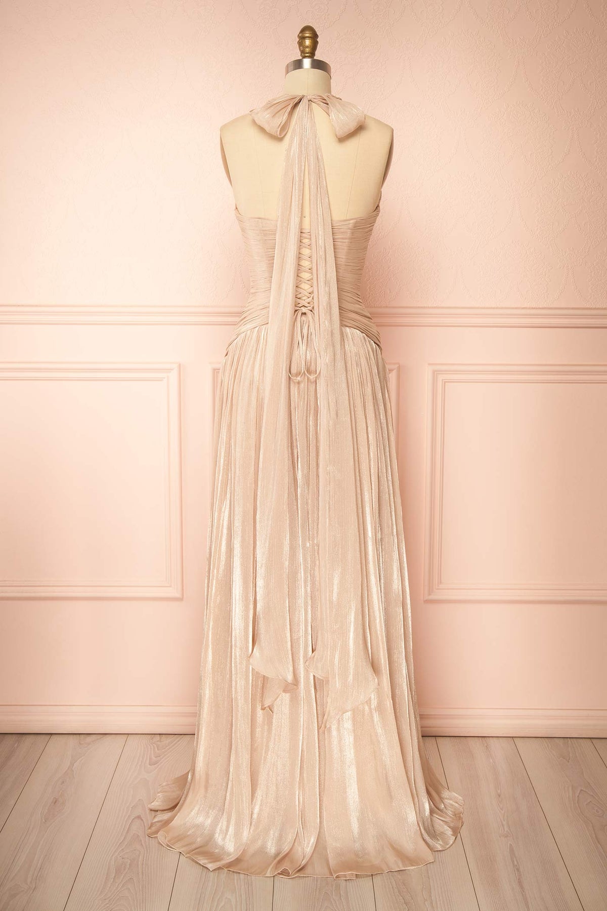 Cecia Champagne | Pleated Maxi Dress with High Slit