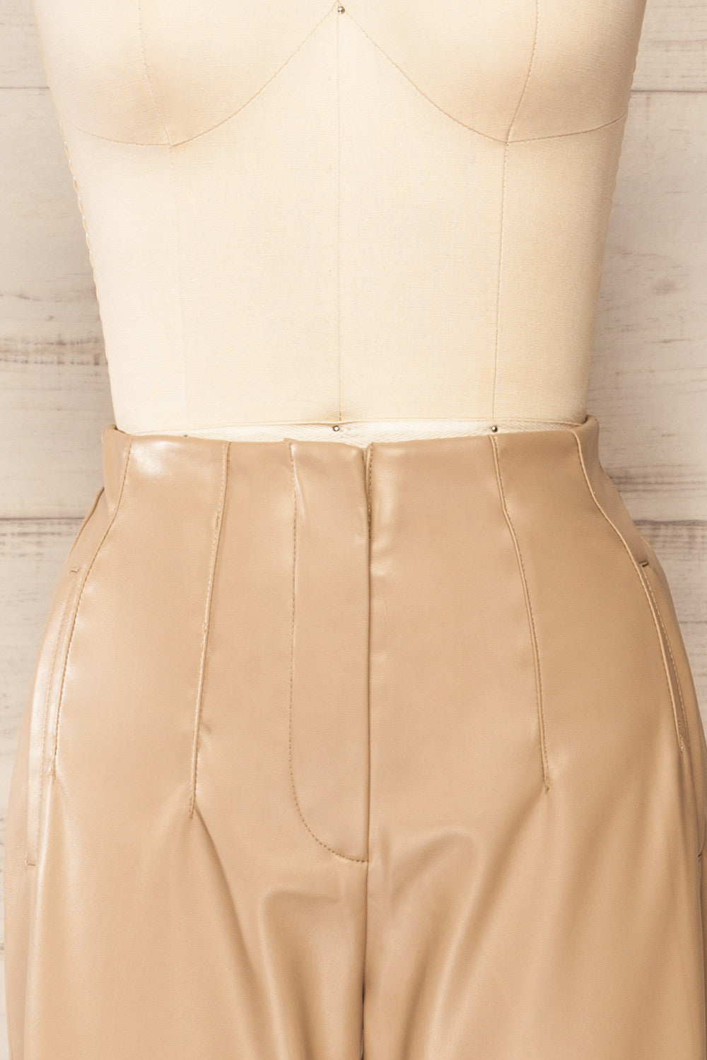 Cefalu Beige Faux Leather Straight-Leg Pants | La petite garçonne front close-up