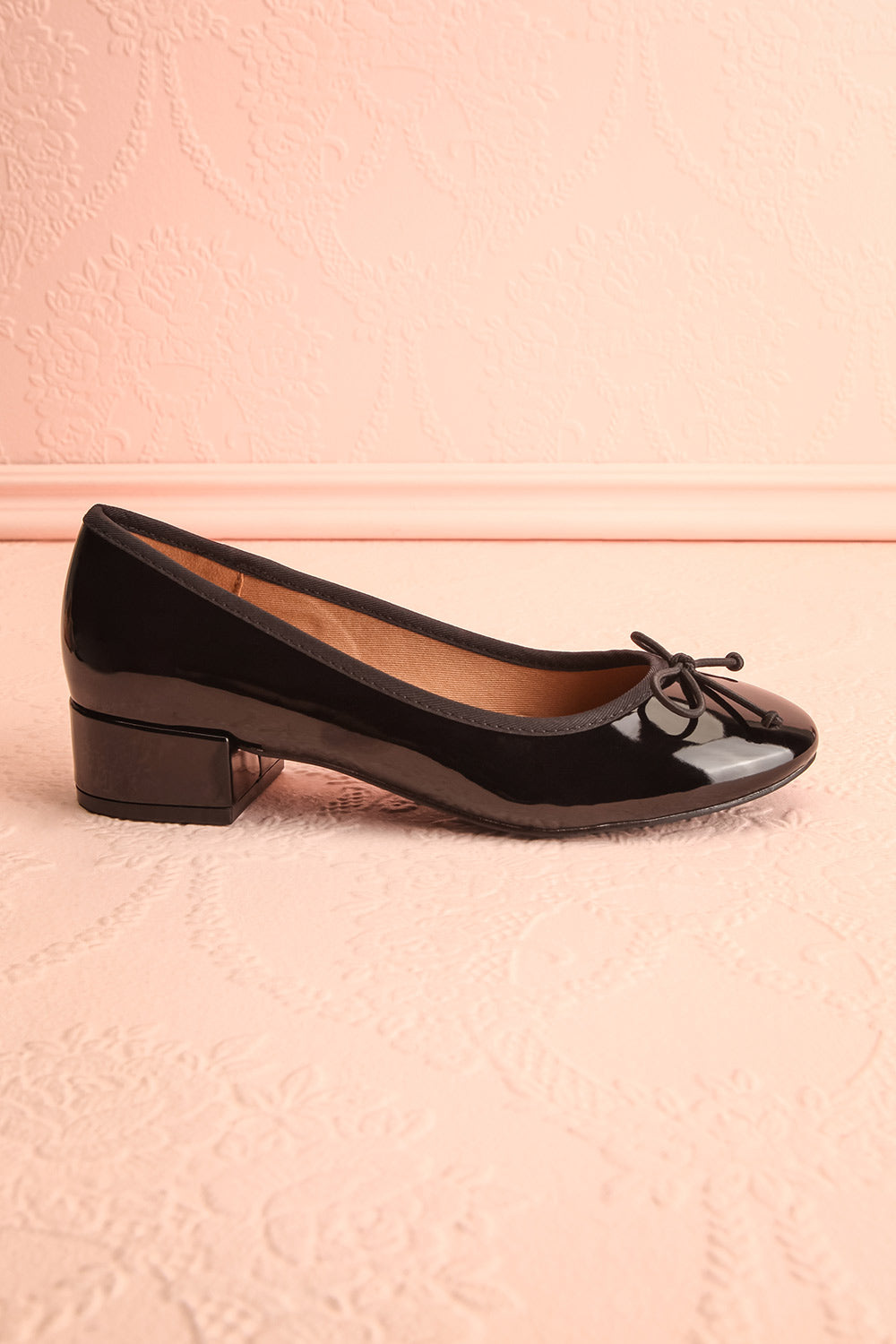 Celastina Black Heeled Ballet Shoes w/ Bow | Boutique 1861 side view