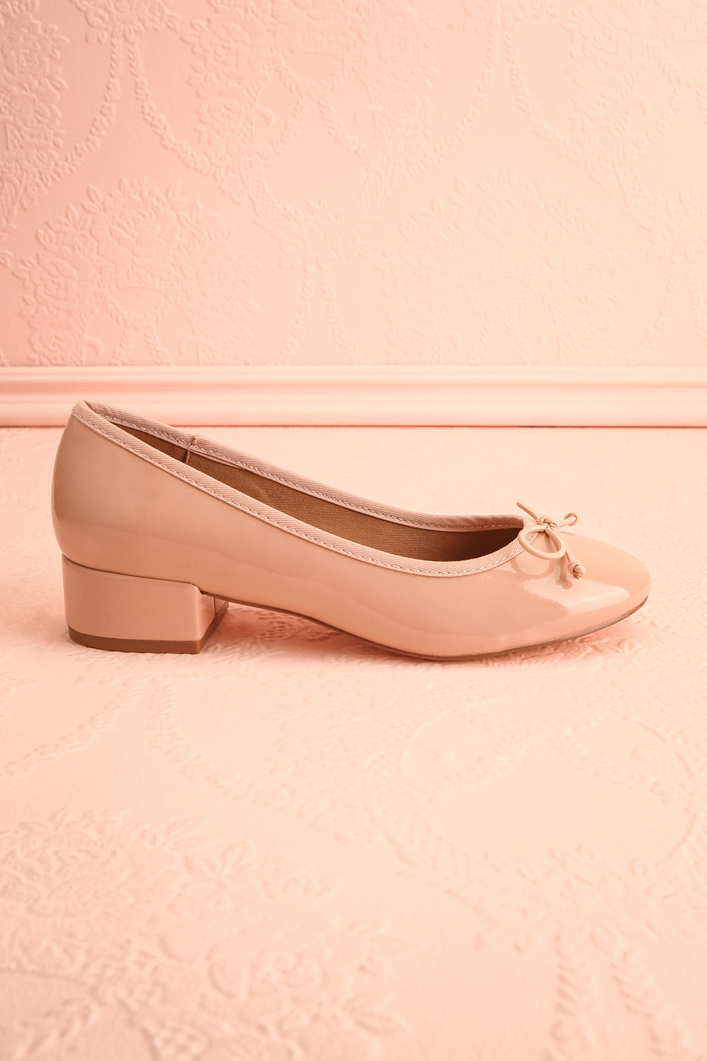 Celastina Blush Heeled Ballet Shoes w/ Bow | Boutique 1861 side view