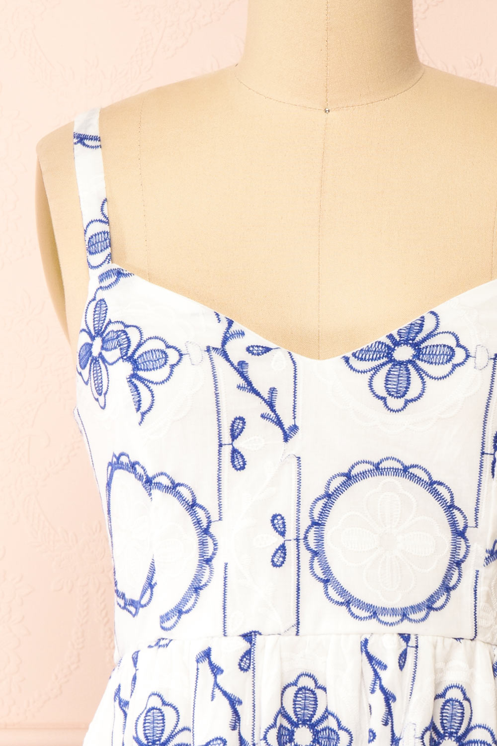 Celena Short White Dress w/ Blue Embroidery | Boutique 1861  front