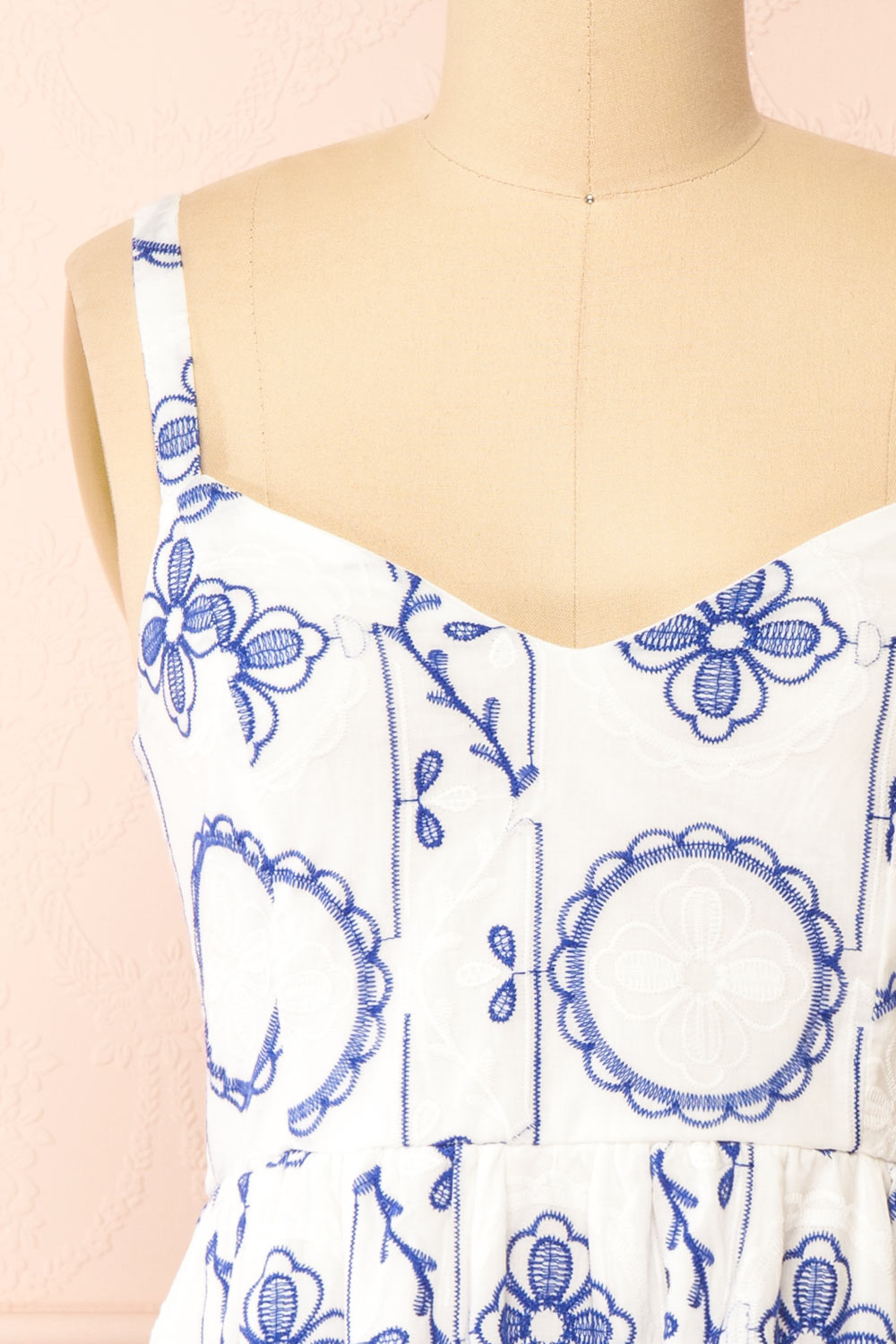Celena Short White Dress w/ Blue Embroidery | Boutique 1861 front