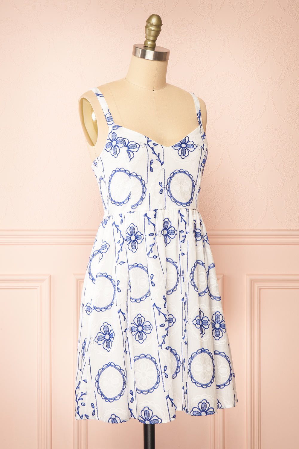 Celena Short White Dress w/ Blue Embroidery | Boutique 1861  side view