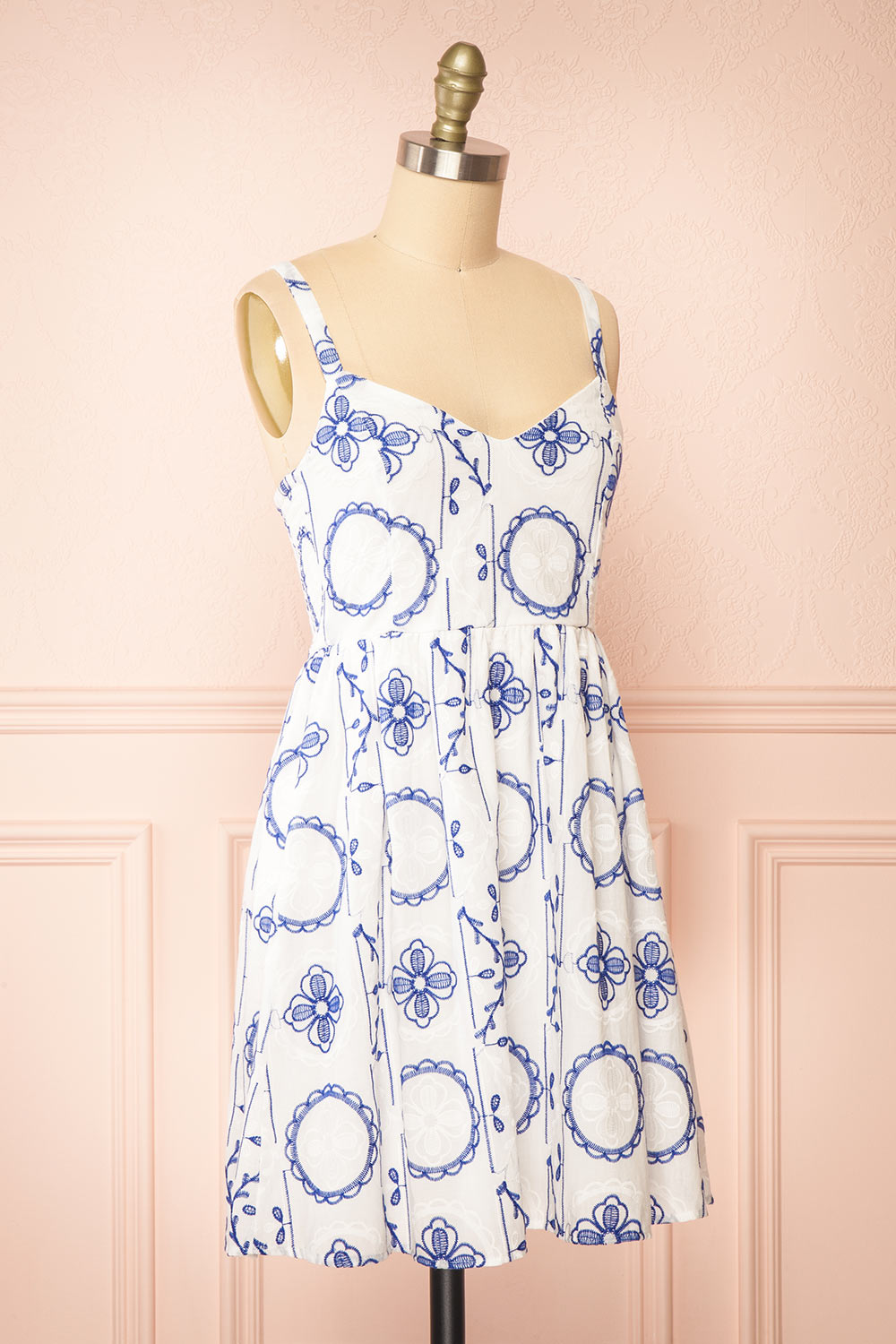 Celena Short White Dress w/ Blue Embroidery | Boutique 1861 side view