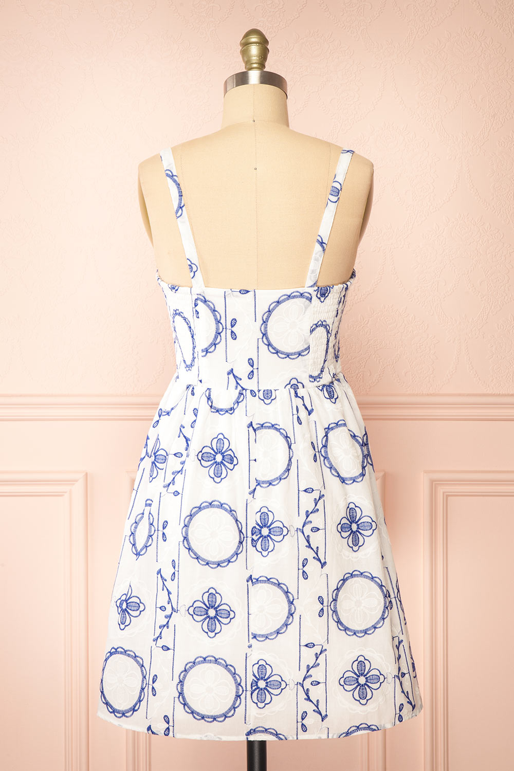Celena Short White Dress w/ Blue Embroidery | Boutique 1861 back view