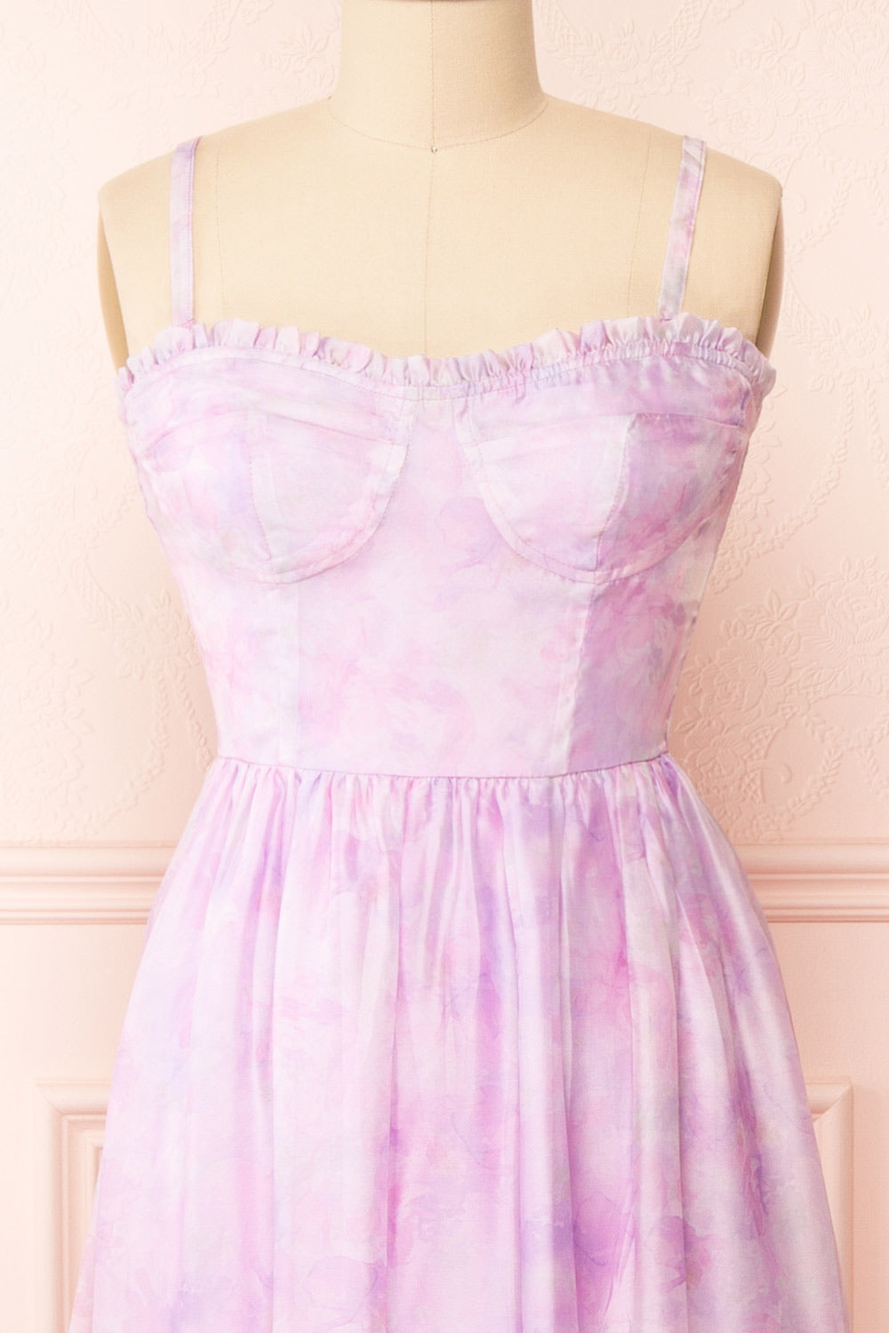 Celestine Lilac Watercolor Print Bustier Midi Dress | Boutique 1861 front strap close-up