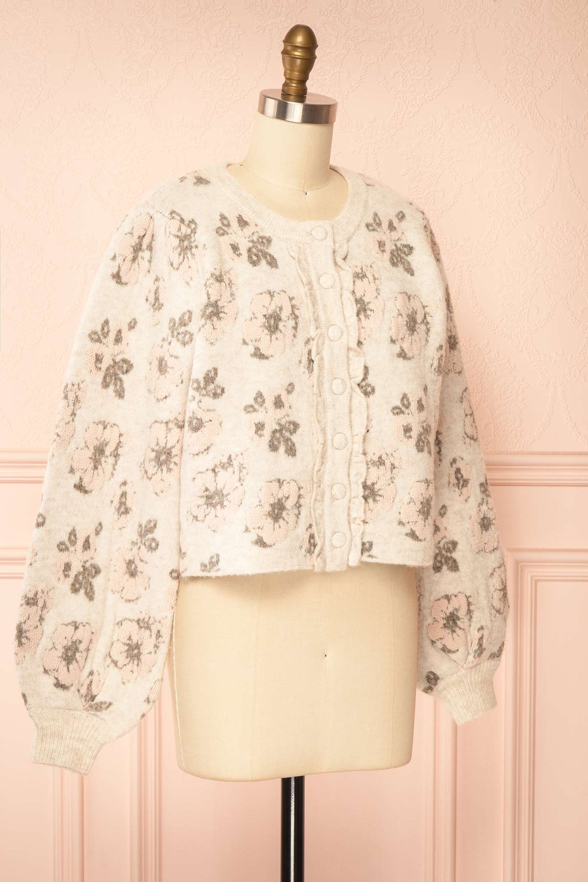side view of Celvina Beige Floral Cropped Cardigan at Boutique 1861