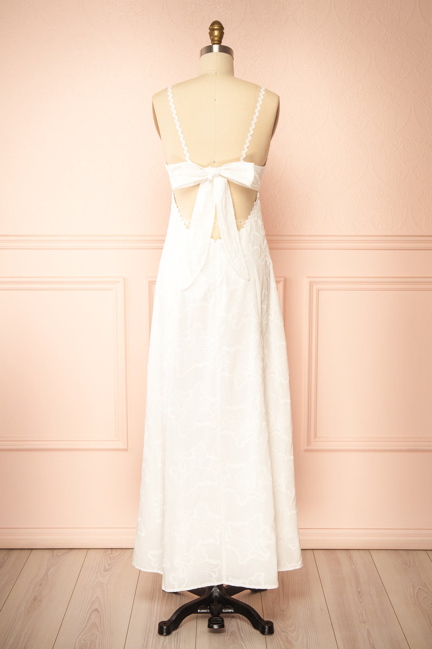Back view Cereus Embroidered White Maxi Dress with Open Back at Boudoir 1861