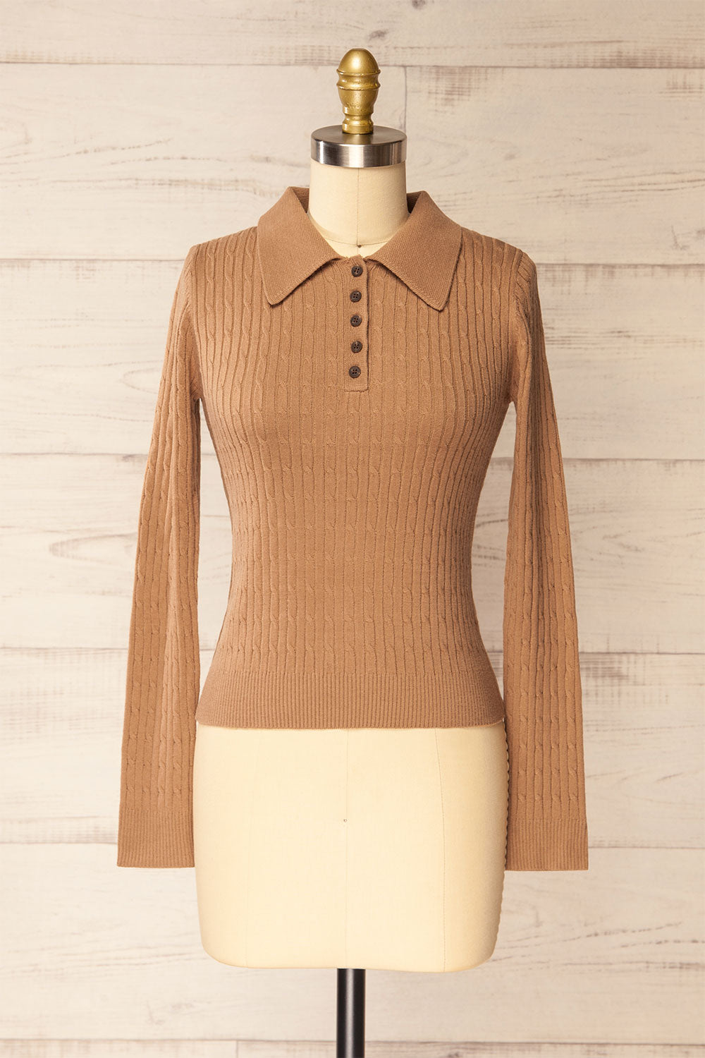 Charaundi Caramel Long Sleeve Collared Knit Top | La petite garçonne front view