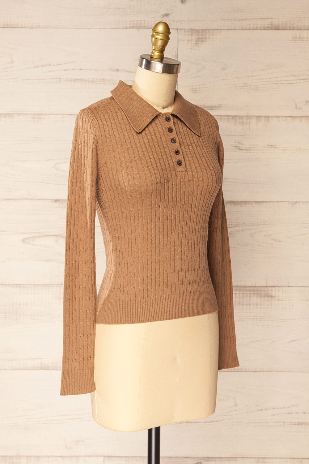 Charaundi Caramel Long Sleeve Collared Knit Top | La petite garçonne side view