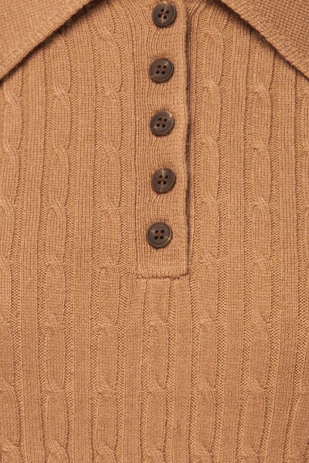 Charaundi Caramel Long Sleeve Collared Knit Top | La petite garçonne fabric