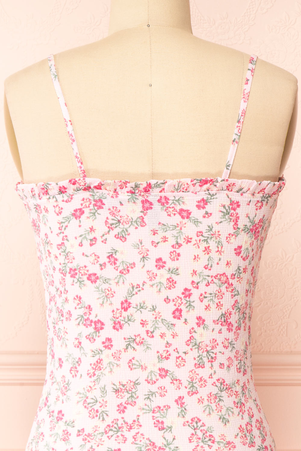 Chevy Pink Fitted Floral Short Dress w/ Ruffles | Boutique 1861 back close-up