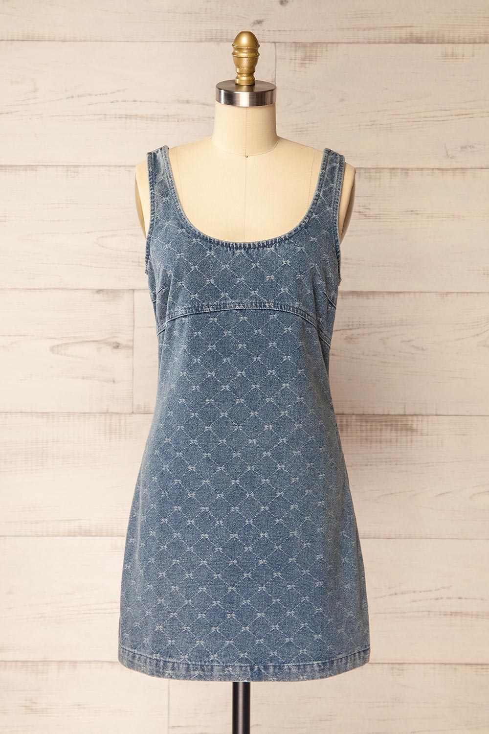 Chisapani Blue Denim Mini Dress with Bow Pattern | La petite garçonne front view