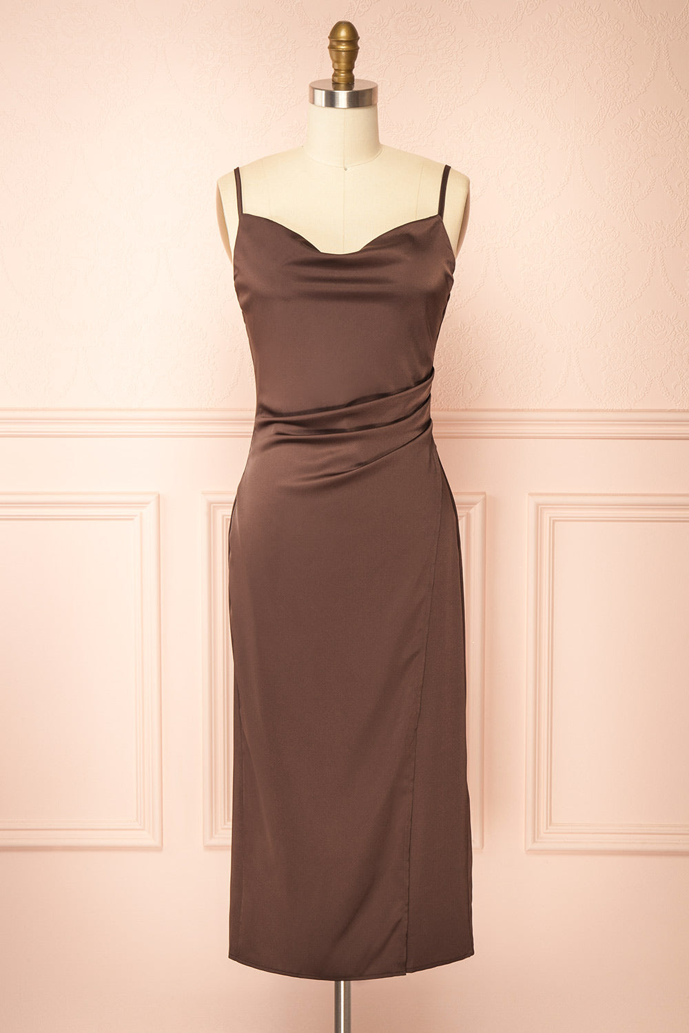 Chloe Brown Silky Midi Slip Dress | Boutique 1861 front view
