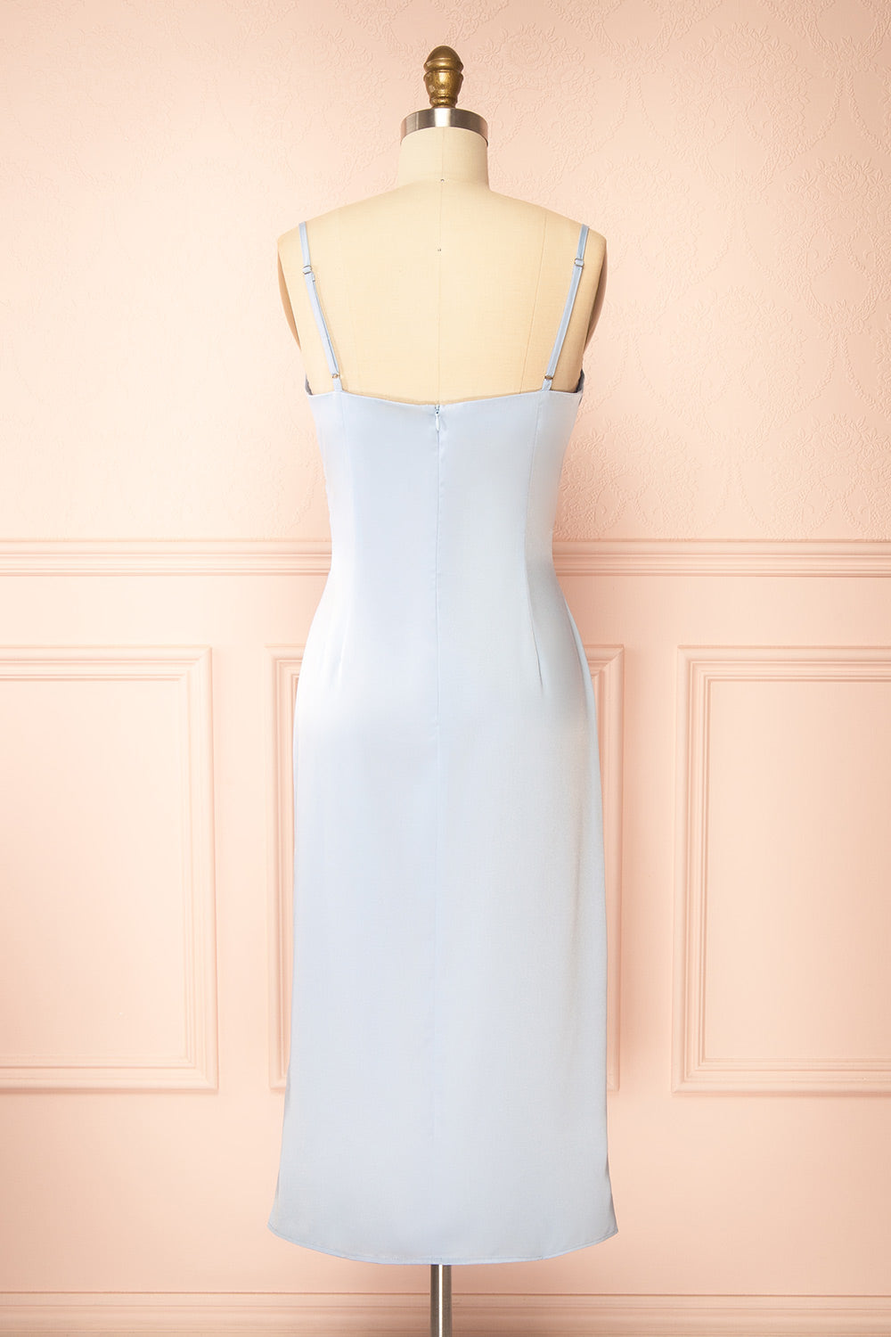 Chloe Light Blue Cowl Neck Satin Midi Slip Dress | Boutique 1861 back view