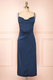 Chloe Navy Silky Midi Slip Dress | Boutique 1861 front view