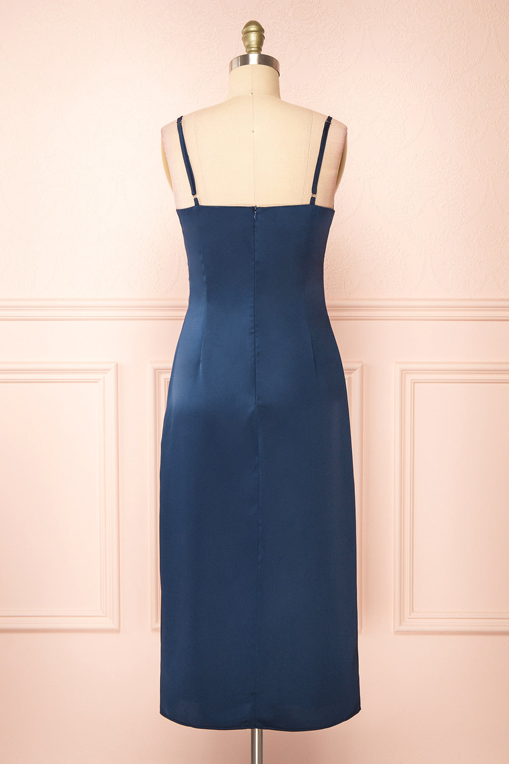 Chloe Navy Silky Midi Slip Dress | Boutique 1861 back view