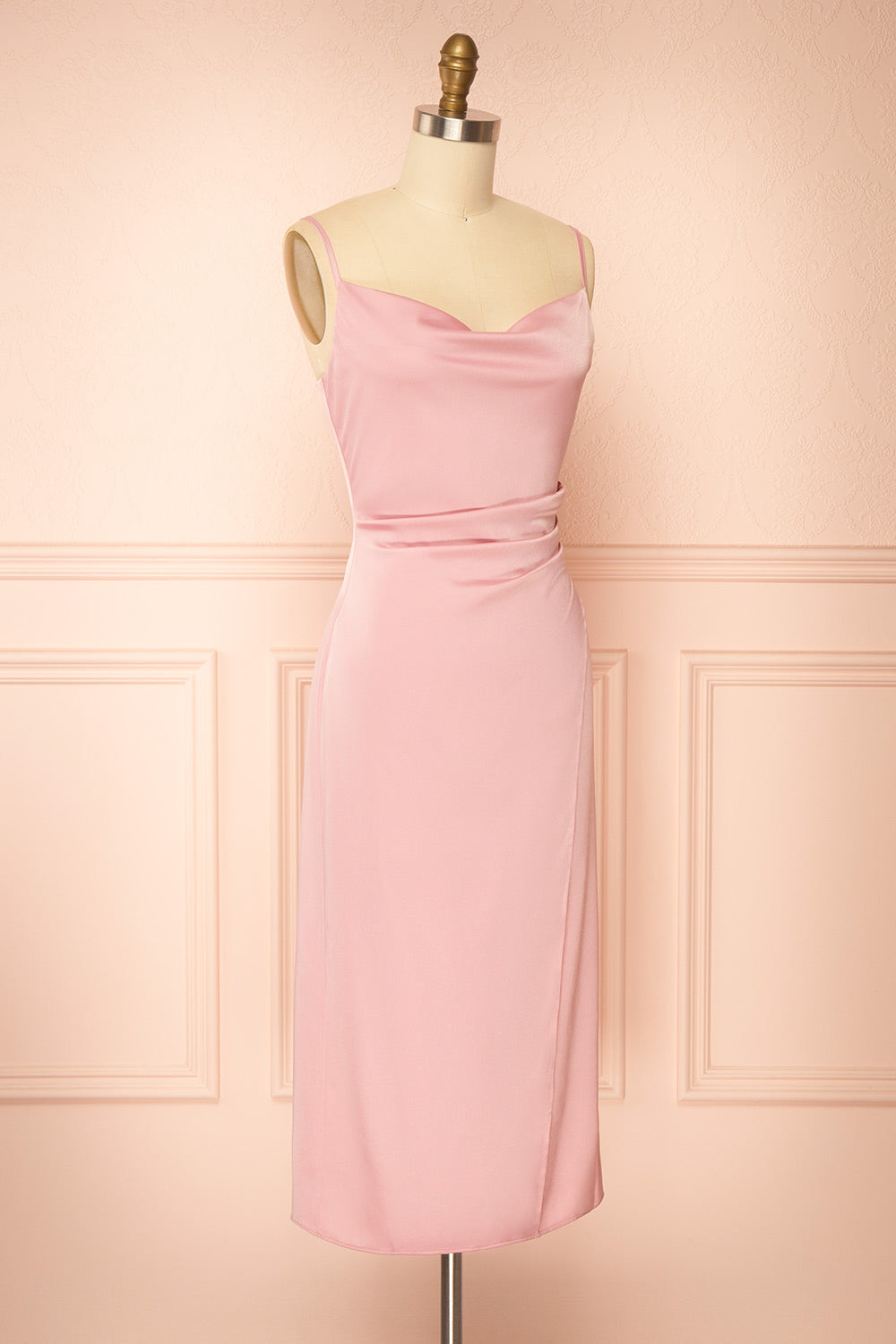 Chloe Pink Cowl Neck Satin Midi Slip Dress | Boutique 1861 side view