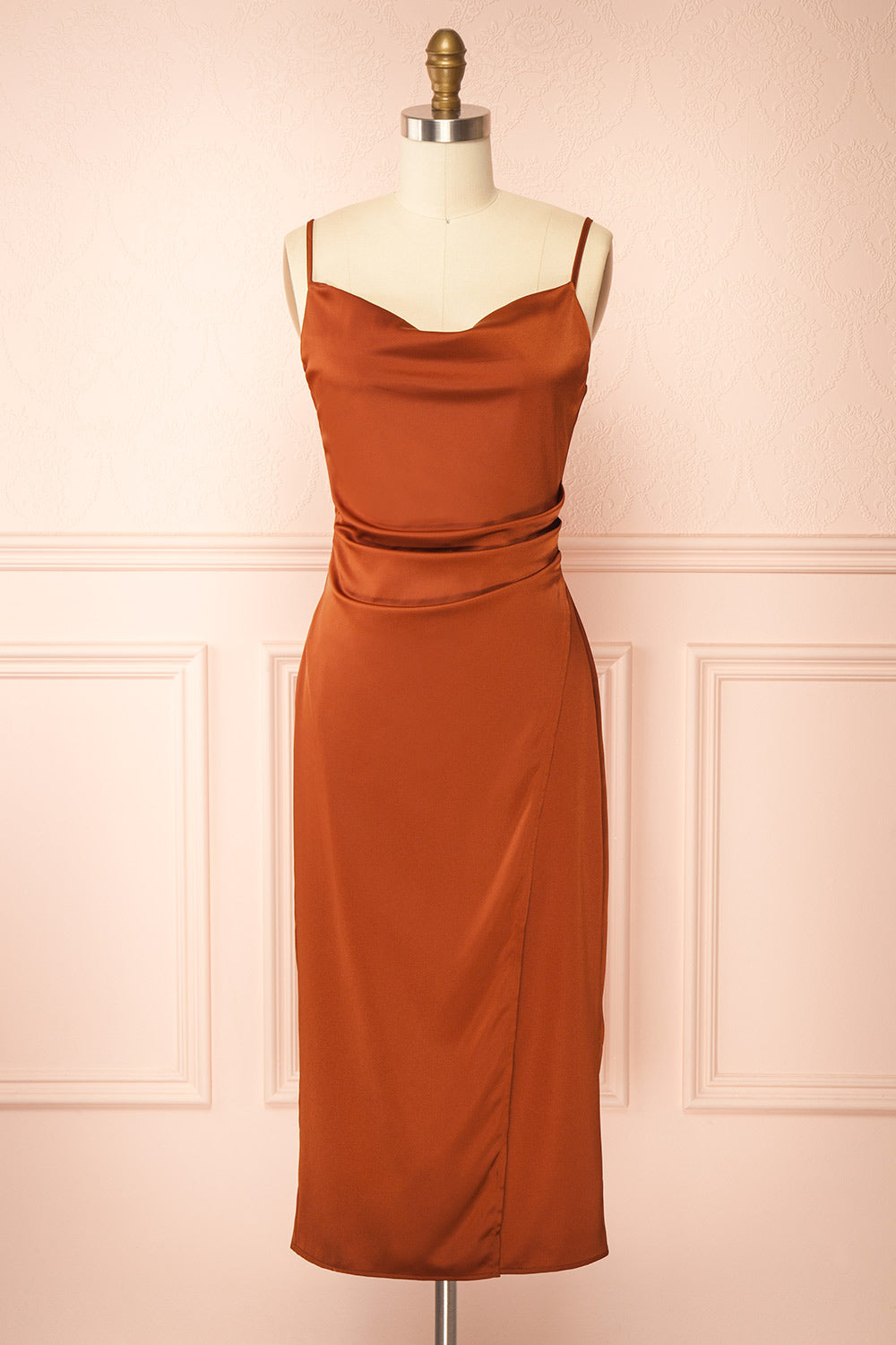 Chloe Rust Cowl Neck Silky Midi Slip Dress Boutique 1861