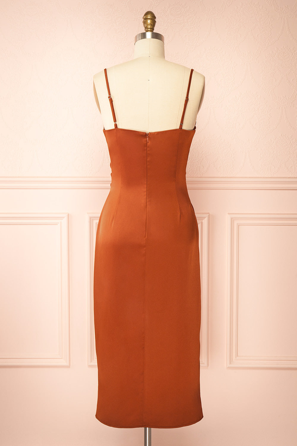 Chloe Rust Cowl Neck Silky Midi Slip Dress | Boutique 1861 back view