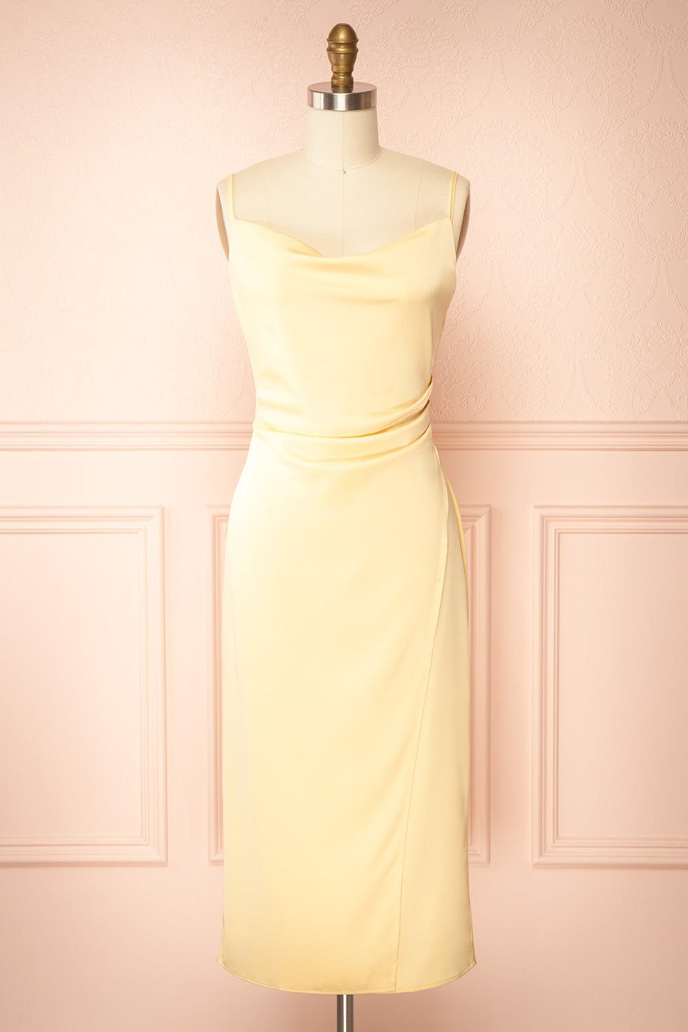 Chloe Light Yellow Cowl Neck Satin Midi Slip Dress | Boutique 1861 Chloe Light Yellow Cowl Neck Satin Midi Slip Dress | Boutique 1861