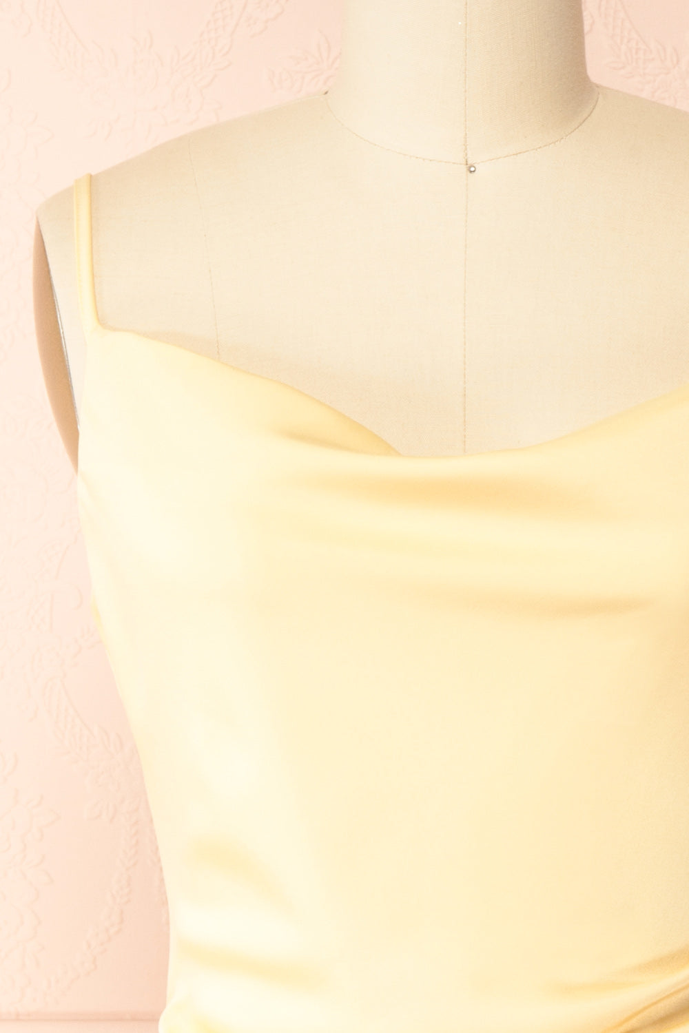Chloe Light Yellow Cowl Neck Satin Midi Slip Dress | Boutique 1861 front