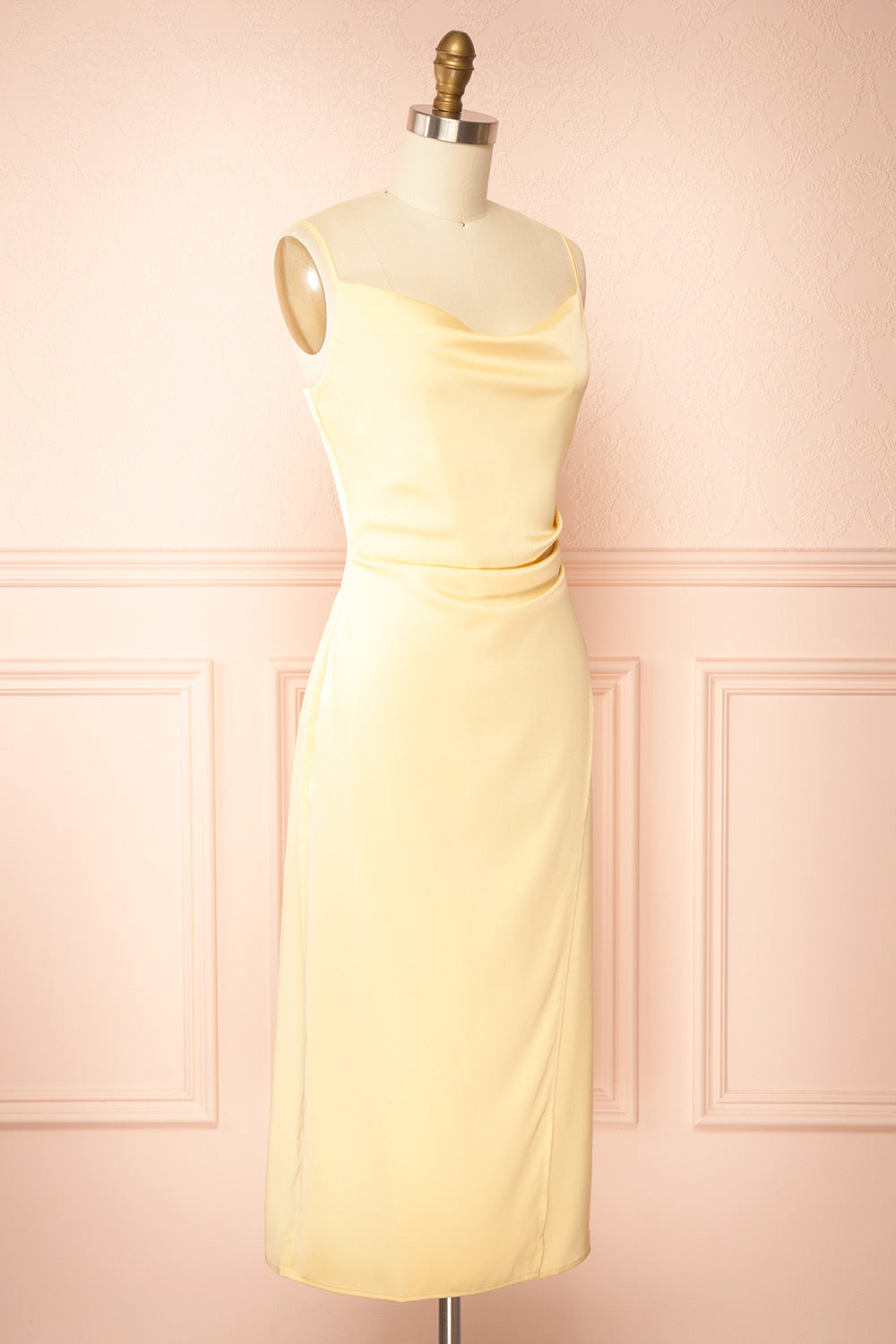 Chloe Light Yellow Cowl Neck Satin Midi Slip Dress | Boutique 1861 side view