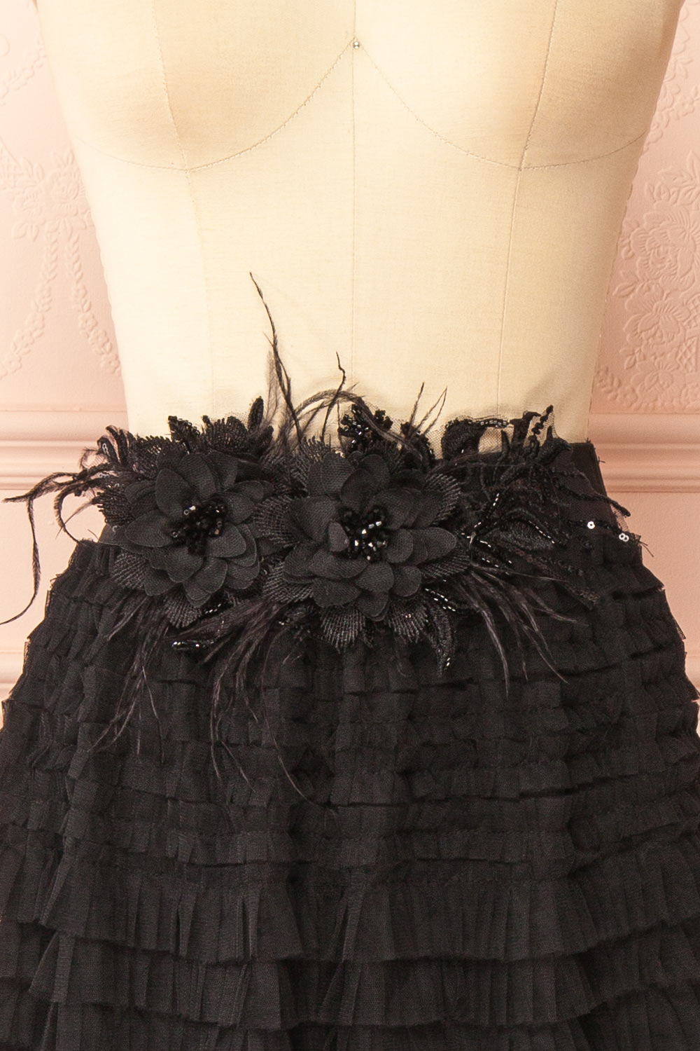 Christabel Black Ruffled Maxi Skirt with 3D Flowers | Boutique 1861 front