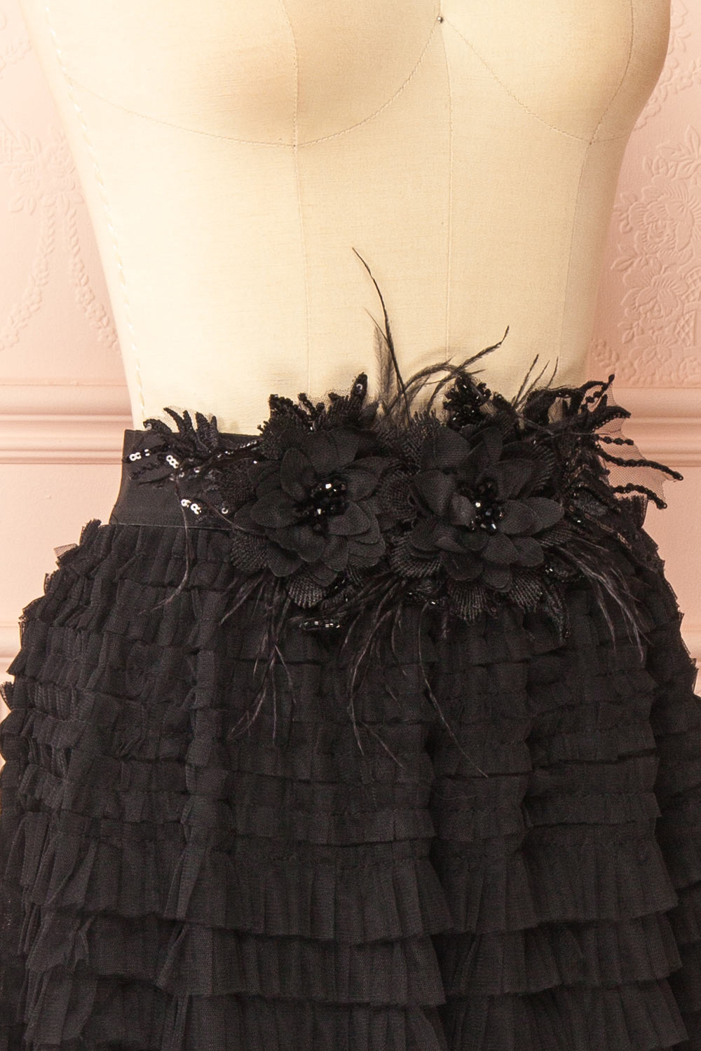 Christabel Black Ruffled Maxi Skirt with 3D Flowers | Boutique 1861 side