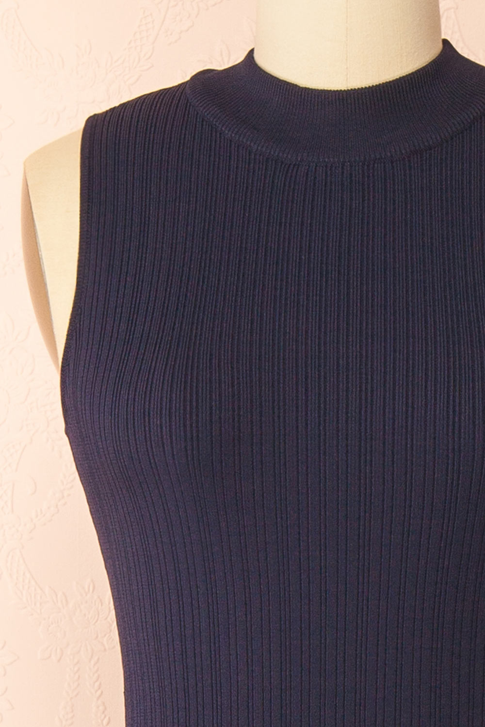 front of sewing mannequin wearing Christie Sleeveless Navy Midi Dress with Lace from Boutique 1861