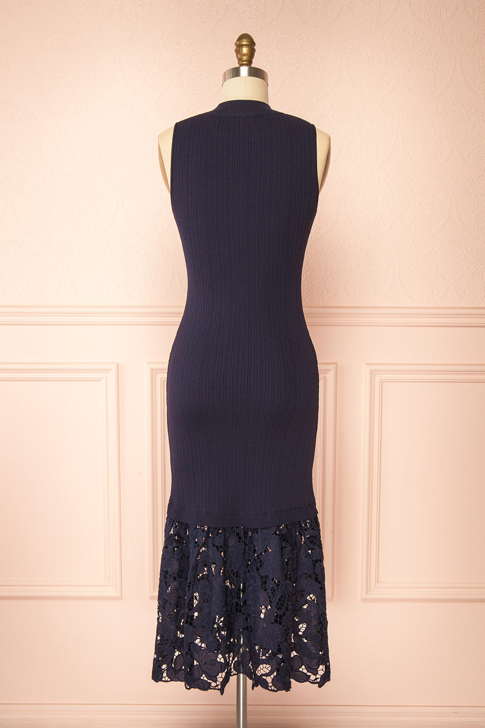 back view of sewing mannequin wearing Christie Sleeveless Navy Midi Dress with Lace from Boutique 1861
