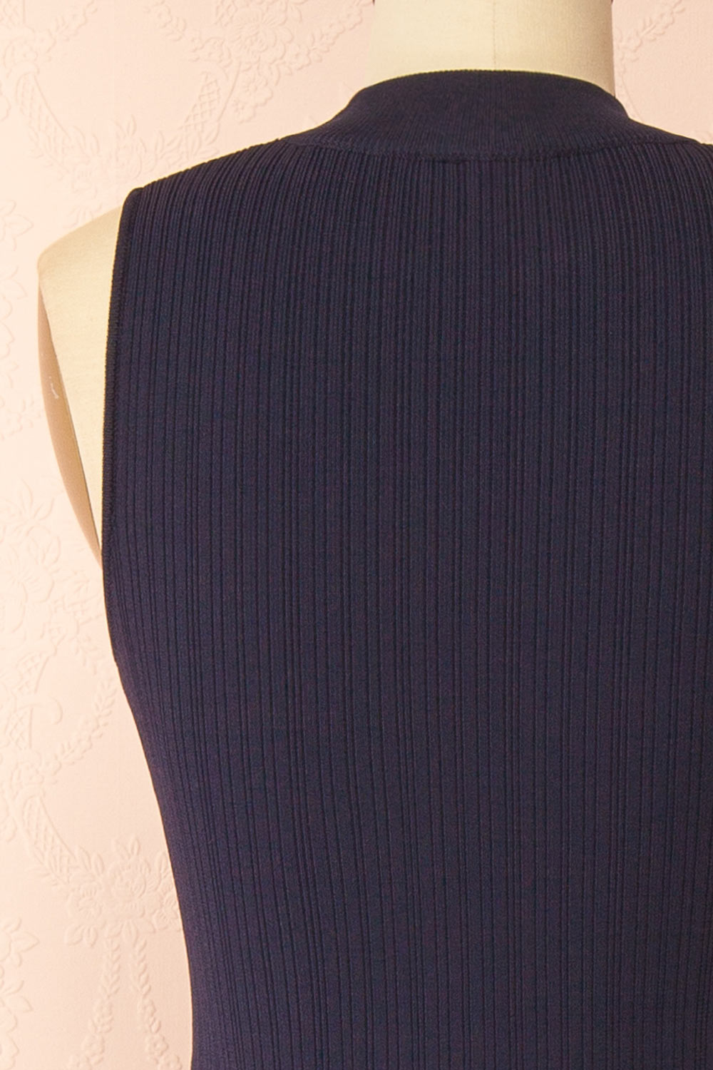 back of sewing mannequin wearing Christie Sleeveless Navy Midi Dress with Lace from Boutique 1861