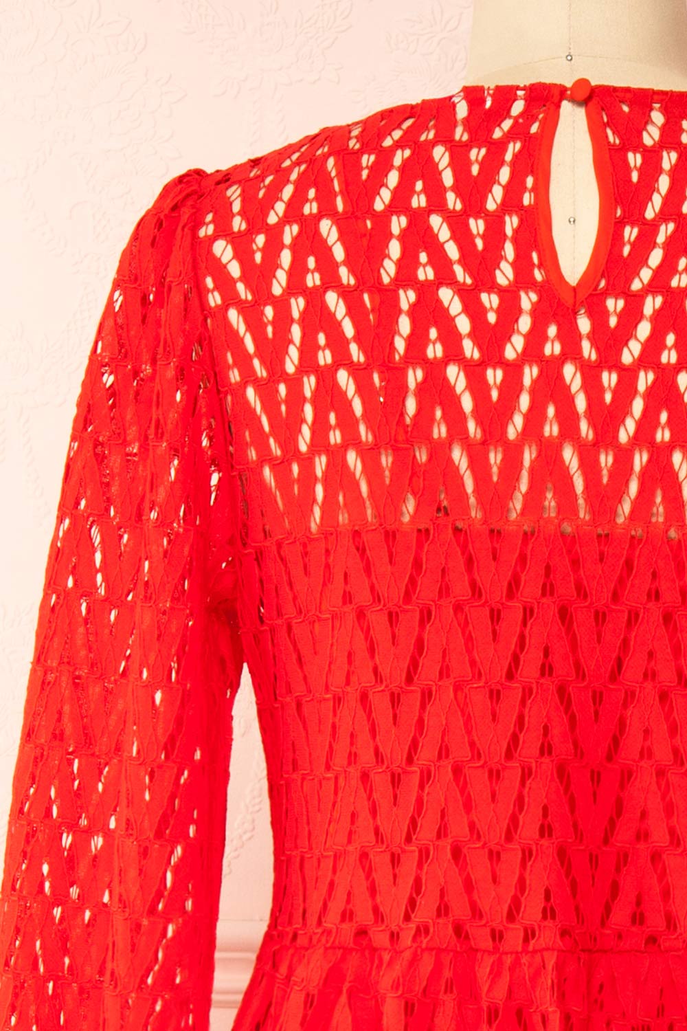 Christina Red Lace Midi Dress w/ Long Sleeves | Boutique 1861 back close-up