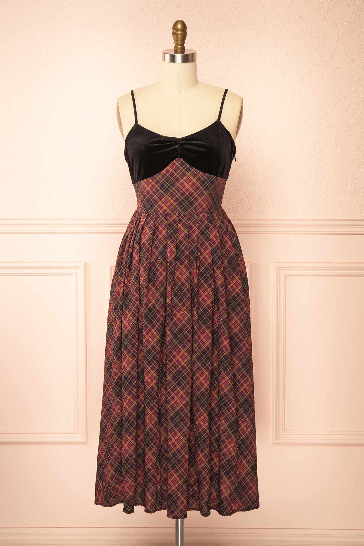 front view of Cirice Plaid Midi Dress with Velvet and Pockets at Boutique 1861