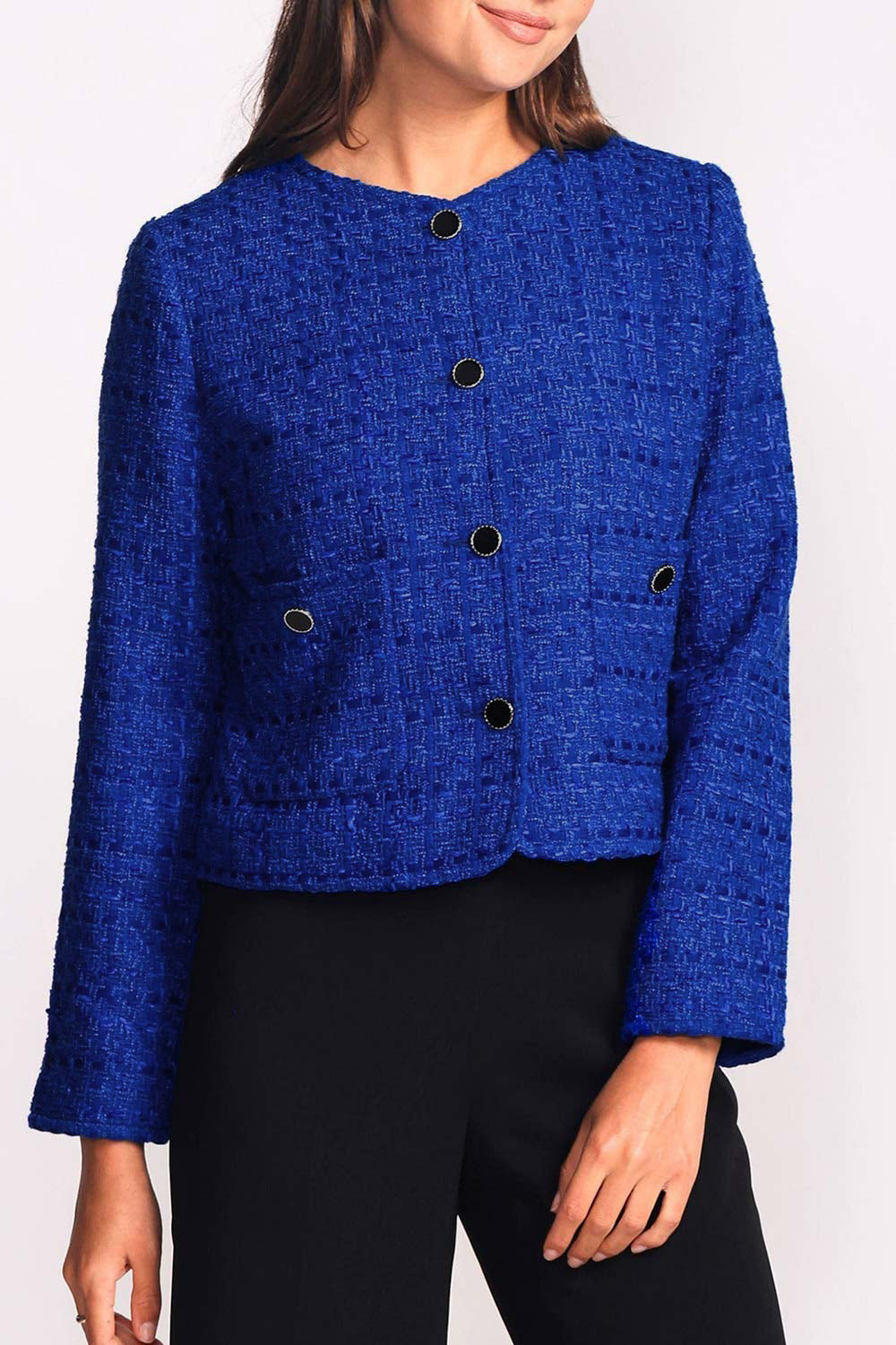 Citadine Black Tweed Jacket w/ Front Pockets | La petite garçonne model blue