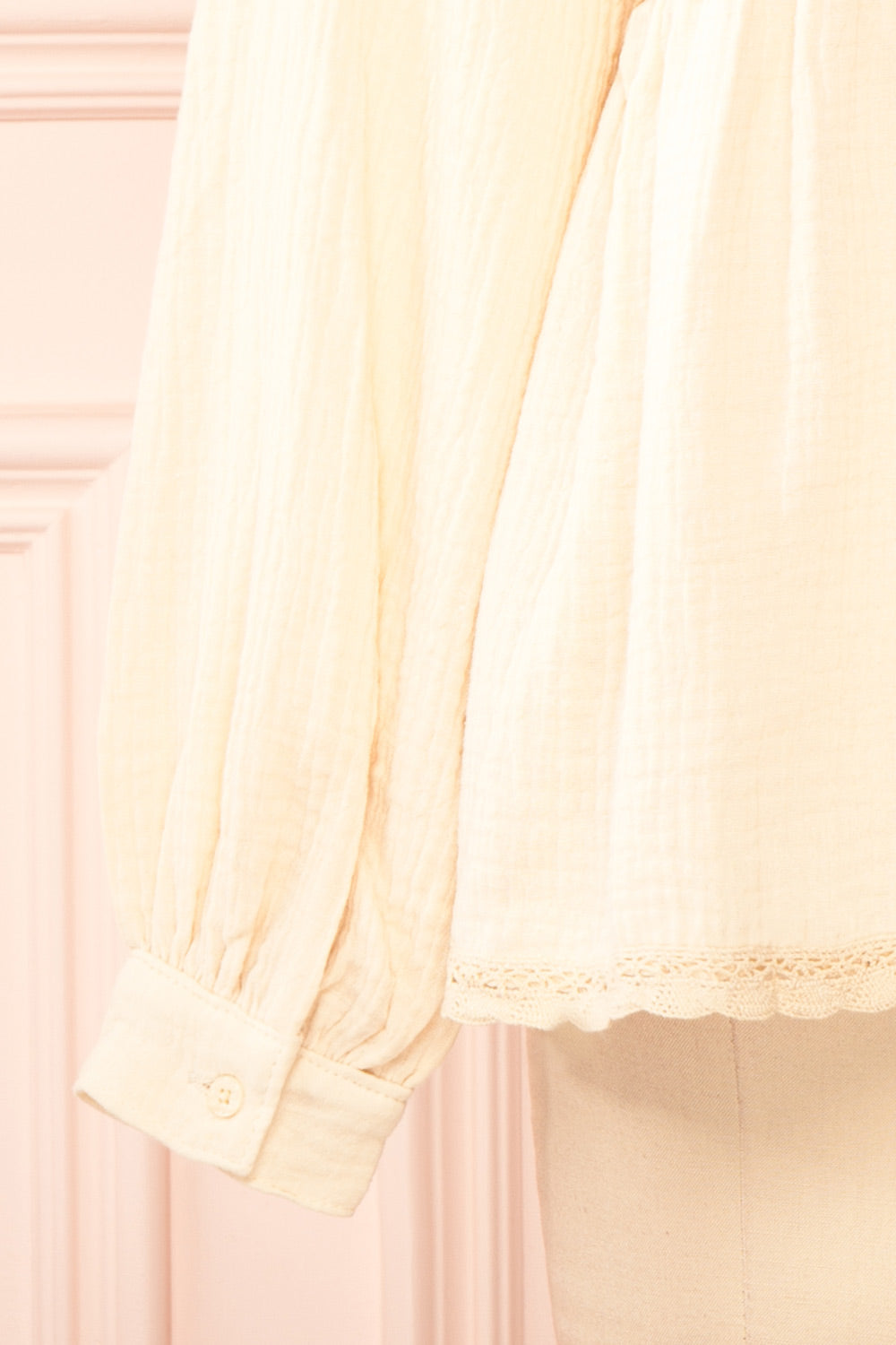 Claramae Waffle Beige Shirt w/ Lace | Boutique 1861 bottom close-up