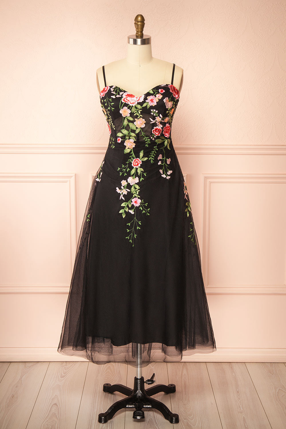 Claree Black Corset Tulle Midi Dress with Floral Embroidery | Boutique 1861 front view