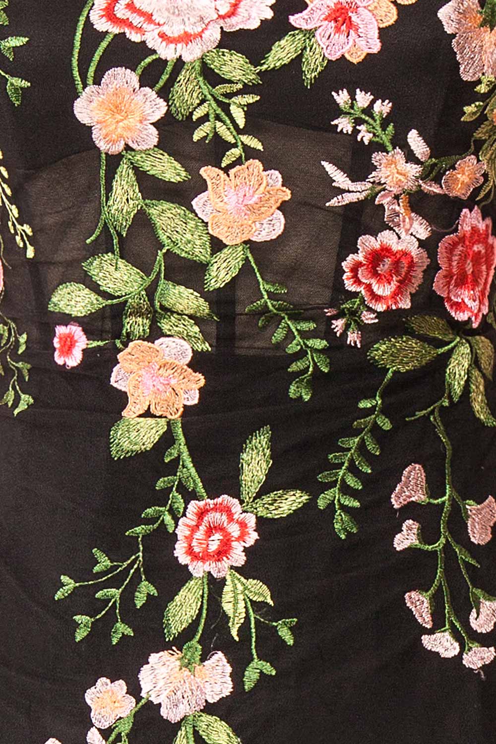 Claree Black Corset Tulle Midi Dress with Floral Embroidery | Boutique 1861 fabric