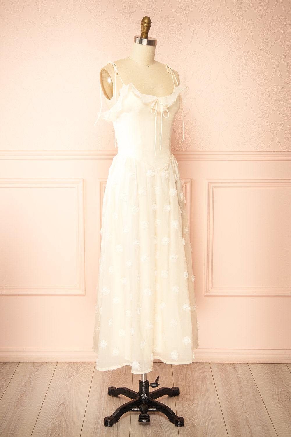 Claribel Cream Midi Dress with Floral-Embellishment | Boutique 1861 side view
