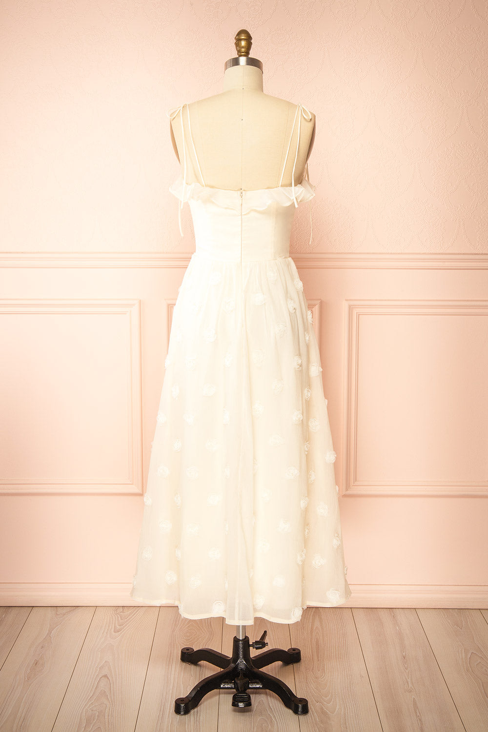 Claribel Cream Midi Dress with Floral-Embellishment | Boutique 1861 back view