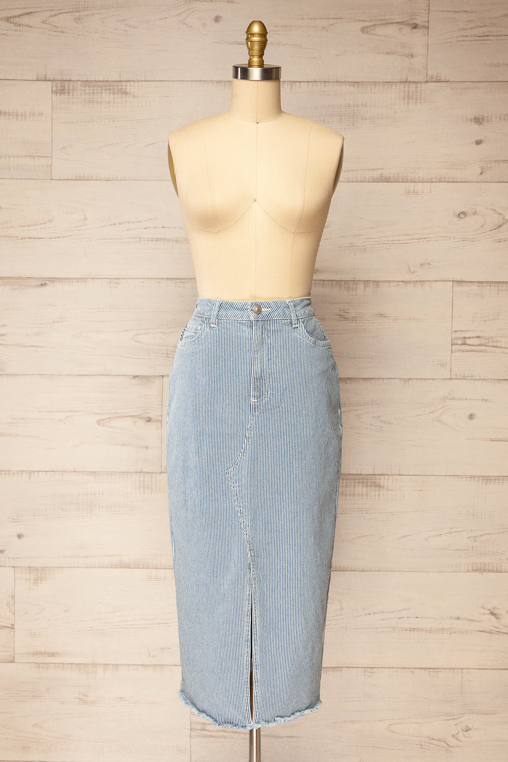Clarke Striped Blue Midi Denim Skirt | La petite garçonne front view