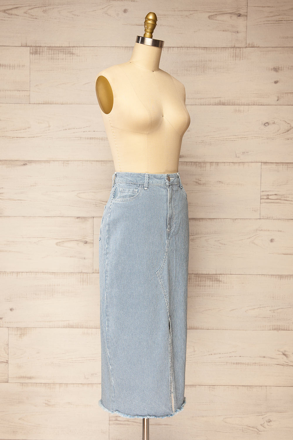 Clarke Striped Blue Midi Denim Skirt | La petite garçonne  side view