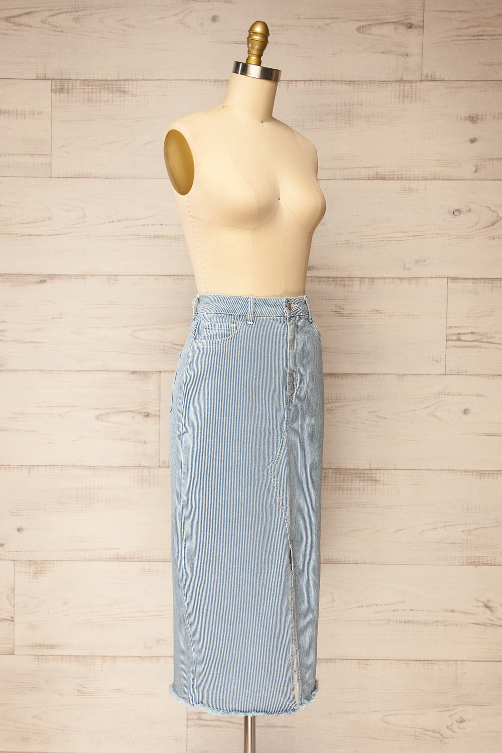 Clarke Striped Blue Midi Denim Skirt | La petite garçonne side view