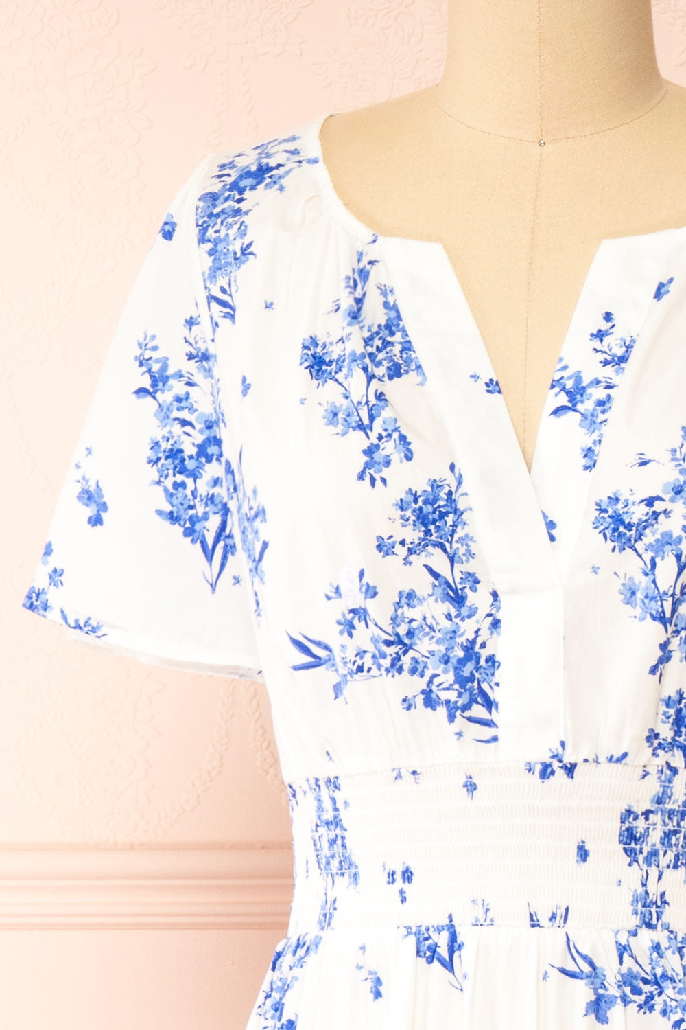 Claudia White Maxi Dress w/ Blue Floral Pattern | Boutique 1861 front