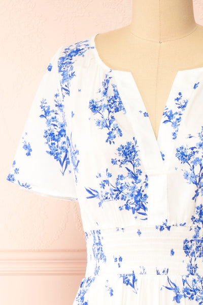 Claudia White Maxi Dress w/ Blue Floral Pattern | Boutique 1861 front